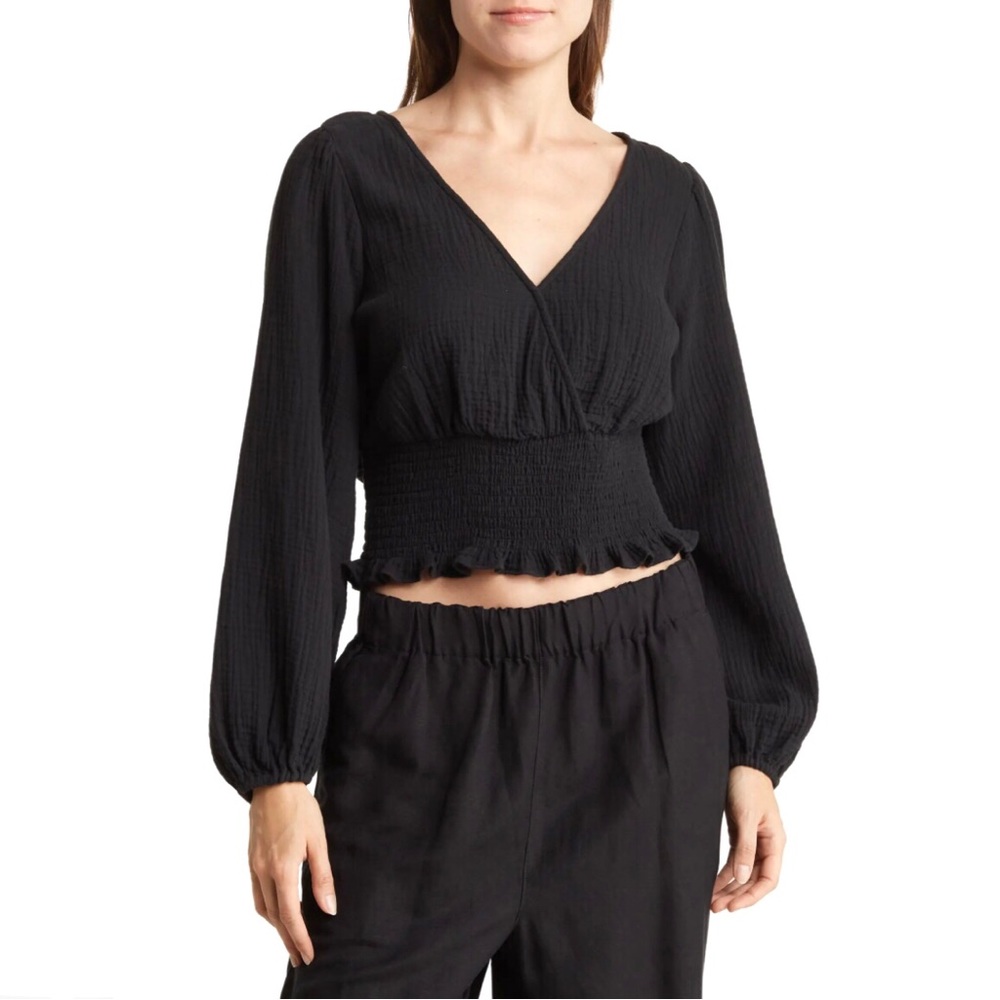 Madewell Black Lightspun Gauze Julianne Smocked Waist Top Long Sleeve Small